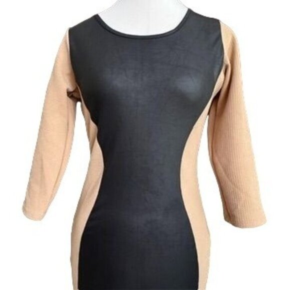 Love Chesley Black & Tan Colorblock Bodycon Dress 3/4 Sleeve Medium Midi Texture - Picture 2 of 9